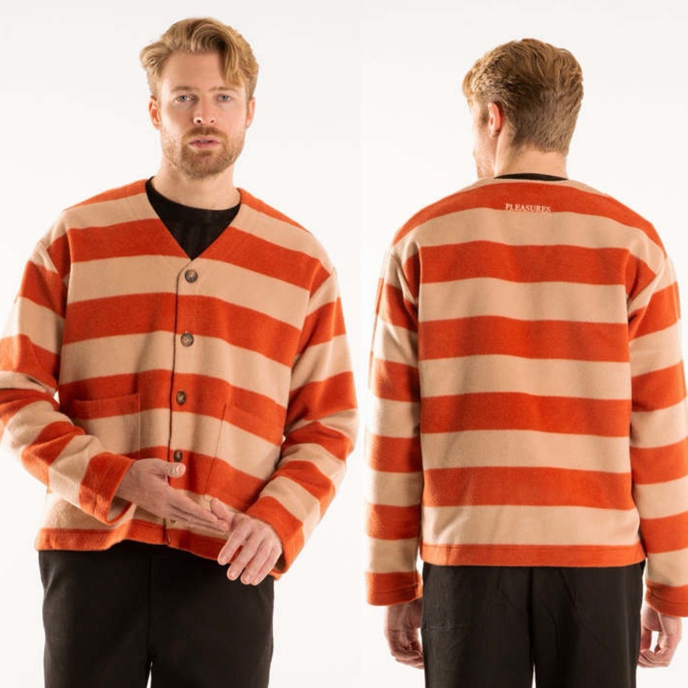 Pleasures Typo Sz S Cardigan Sweater‎ Burnt Orange Tan Wool Blend Streetwear